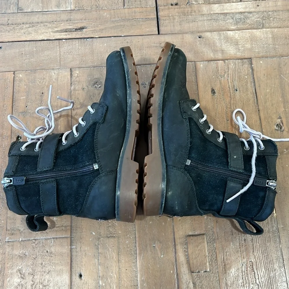 Ugg Koren black leather buckle strap lug sole boots
